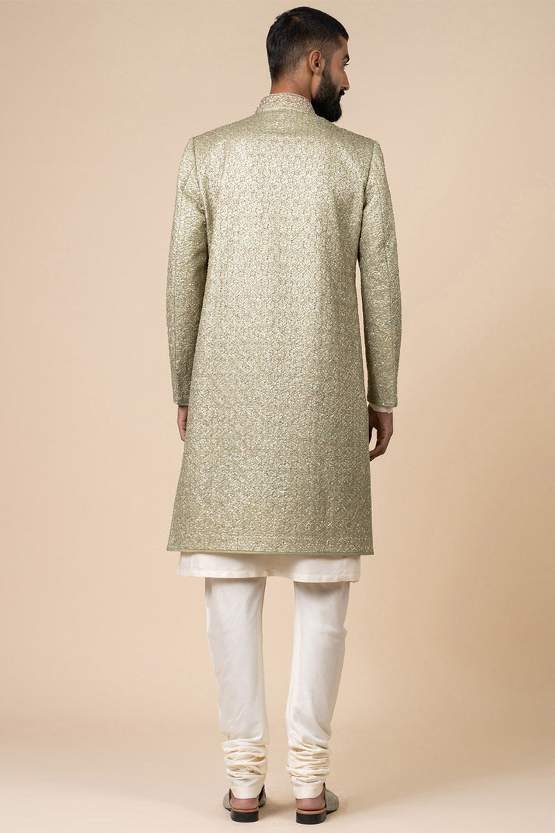 Light Green All Over Embroidered Brocade Sherwani