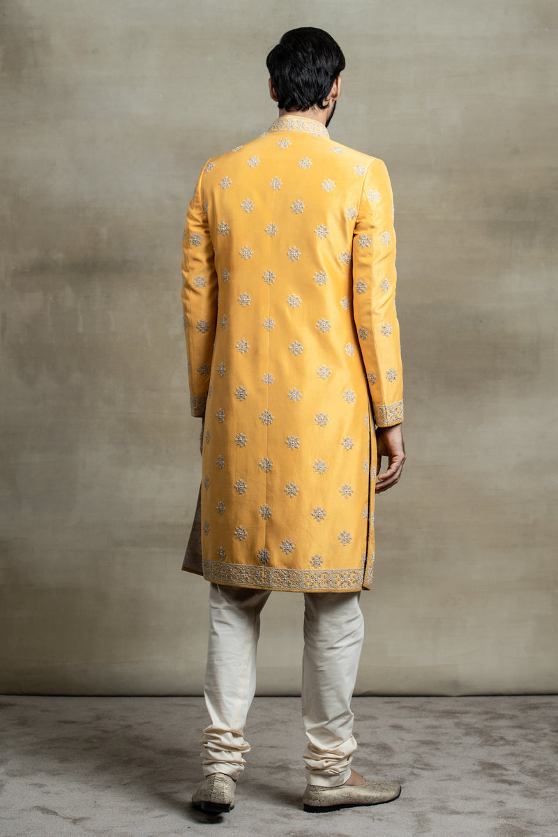 Yellow Silk Sherwani With All Over Dori, Resham And Kasab Work