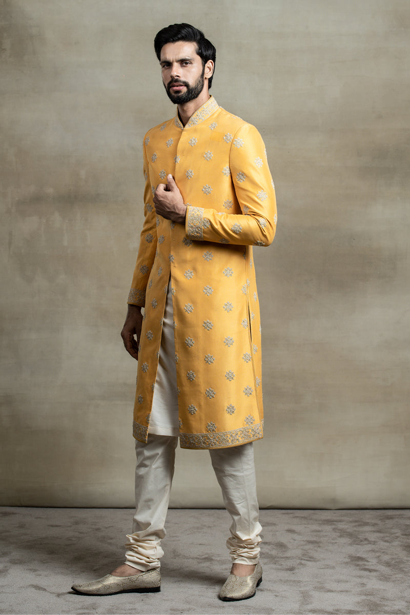 Yellow Silk Sherwani With All Over Dori, Resham And Kasab Work