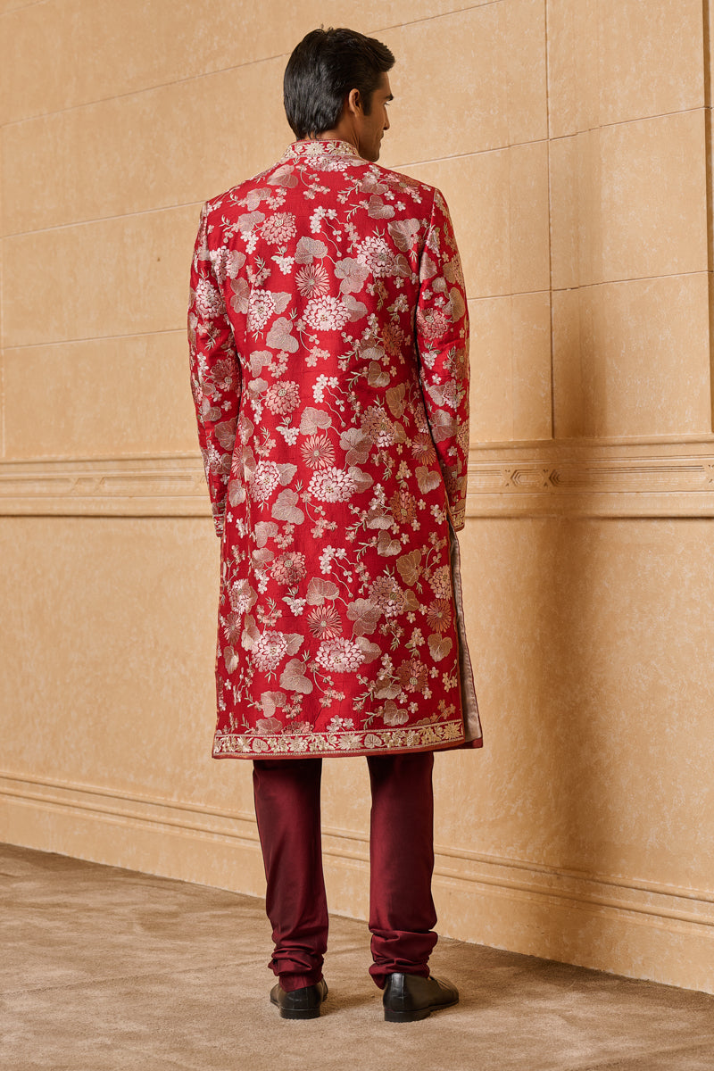 Maroon All Over Dori Floral Embroidered Sherwani