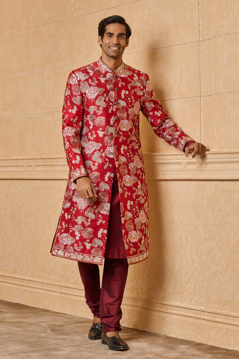 Maroon All Over Dori Floral Embroidered Sherwani