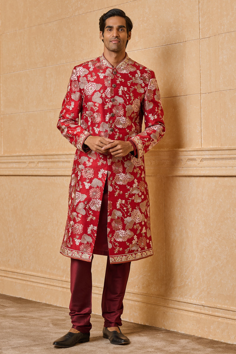 Maroon All Over Dori Floral Embroidered Sherwani