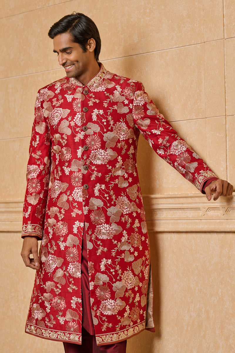 Maroon All Over Dori Floral Embroidered Sherwani
