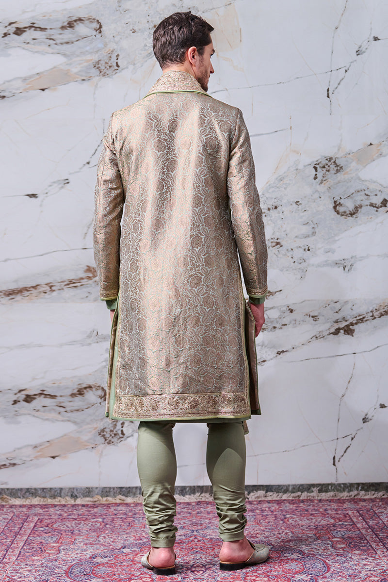 Green Sherwani In Brocade With All Over Highlights