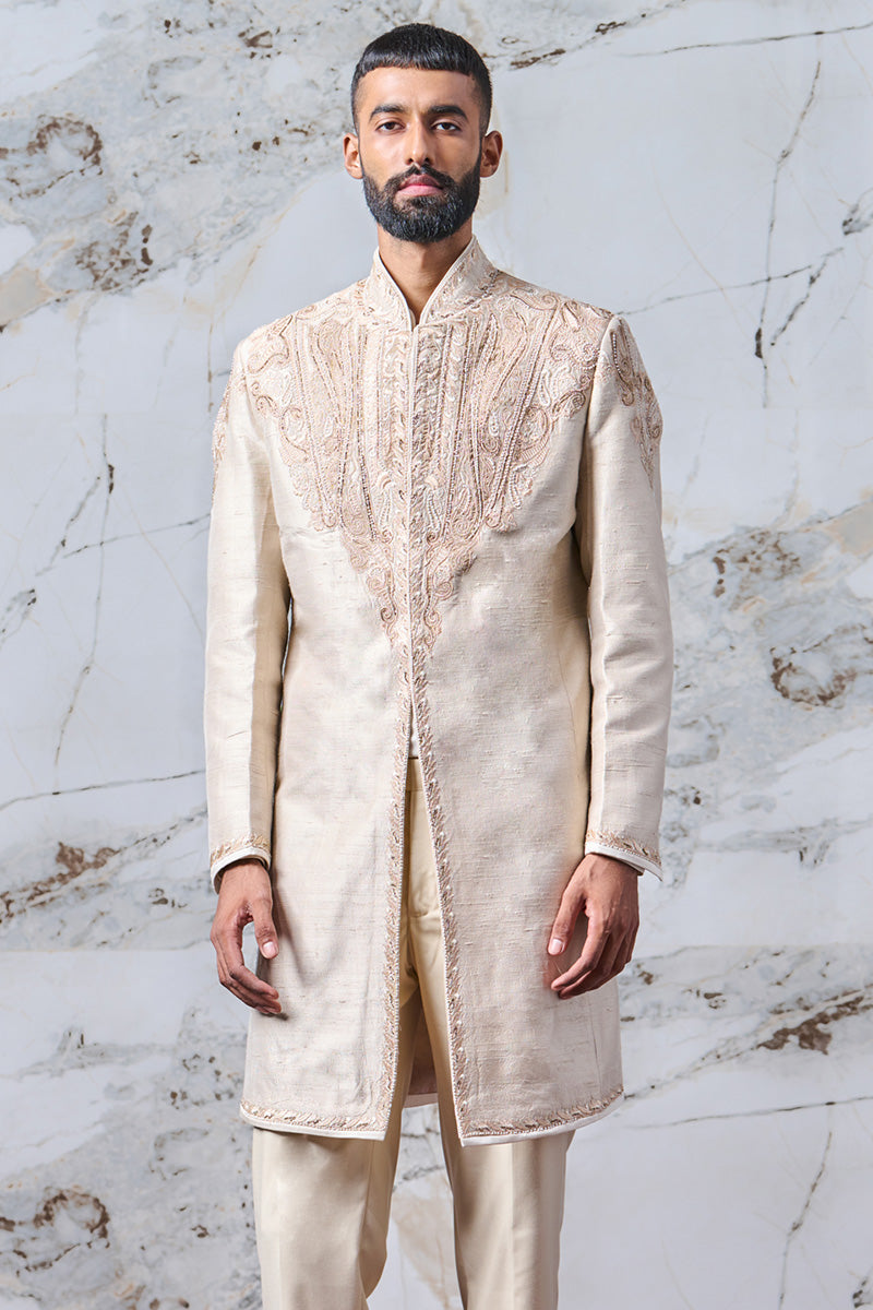 Ivory Achkan With Tissue Applique And Aari Embroidery