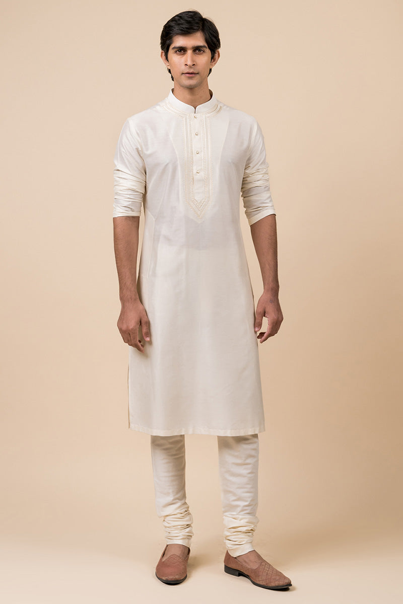 Ivory Kurta Set With Embroidered Collar And Placket