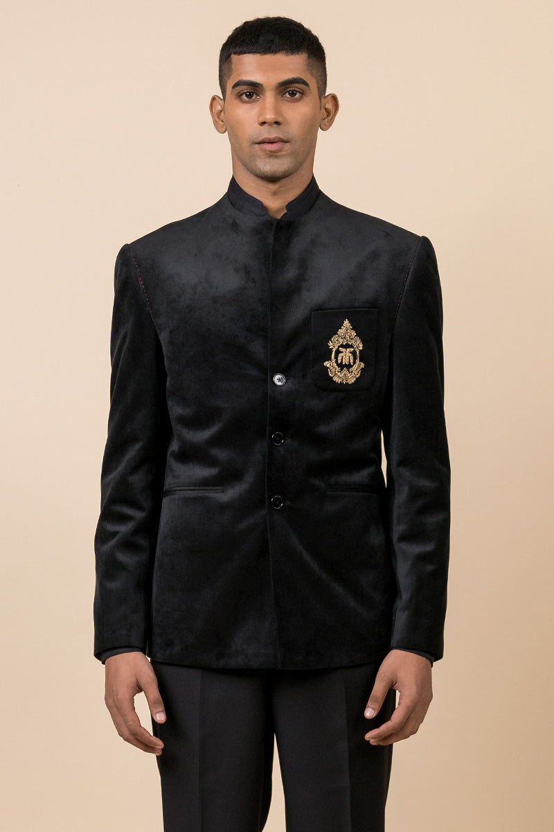 Velvet Bandhgala With Embroidered Crest