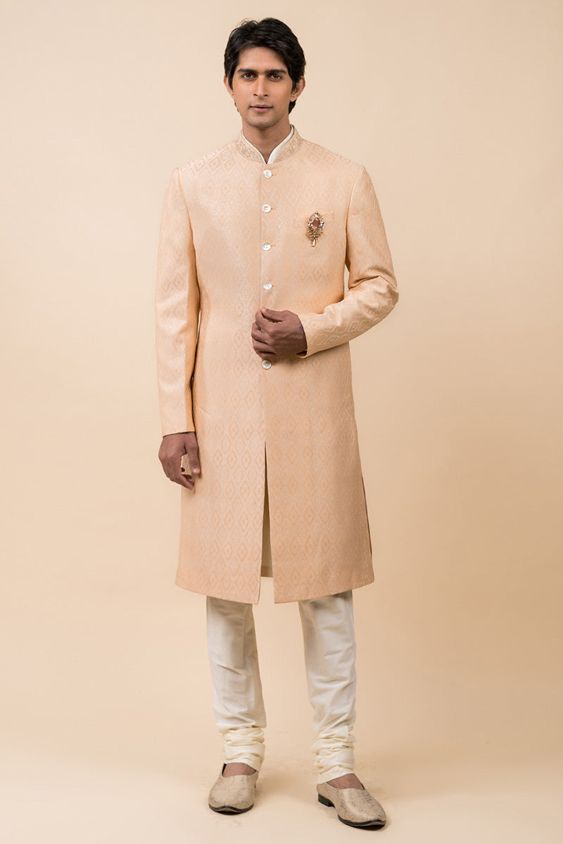Peach Classic Sherwani With Embroidered Collar