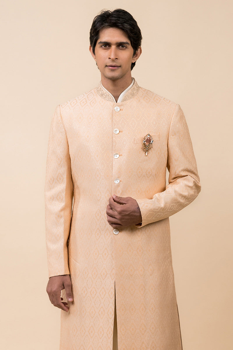 Peach Classic Sherwani With Embroidered Collar
