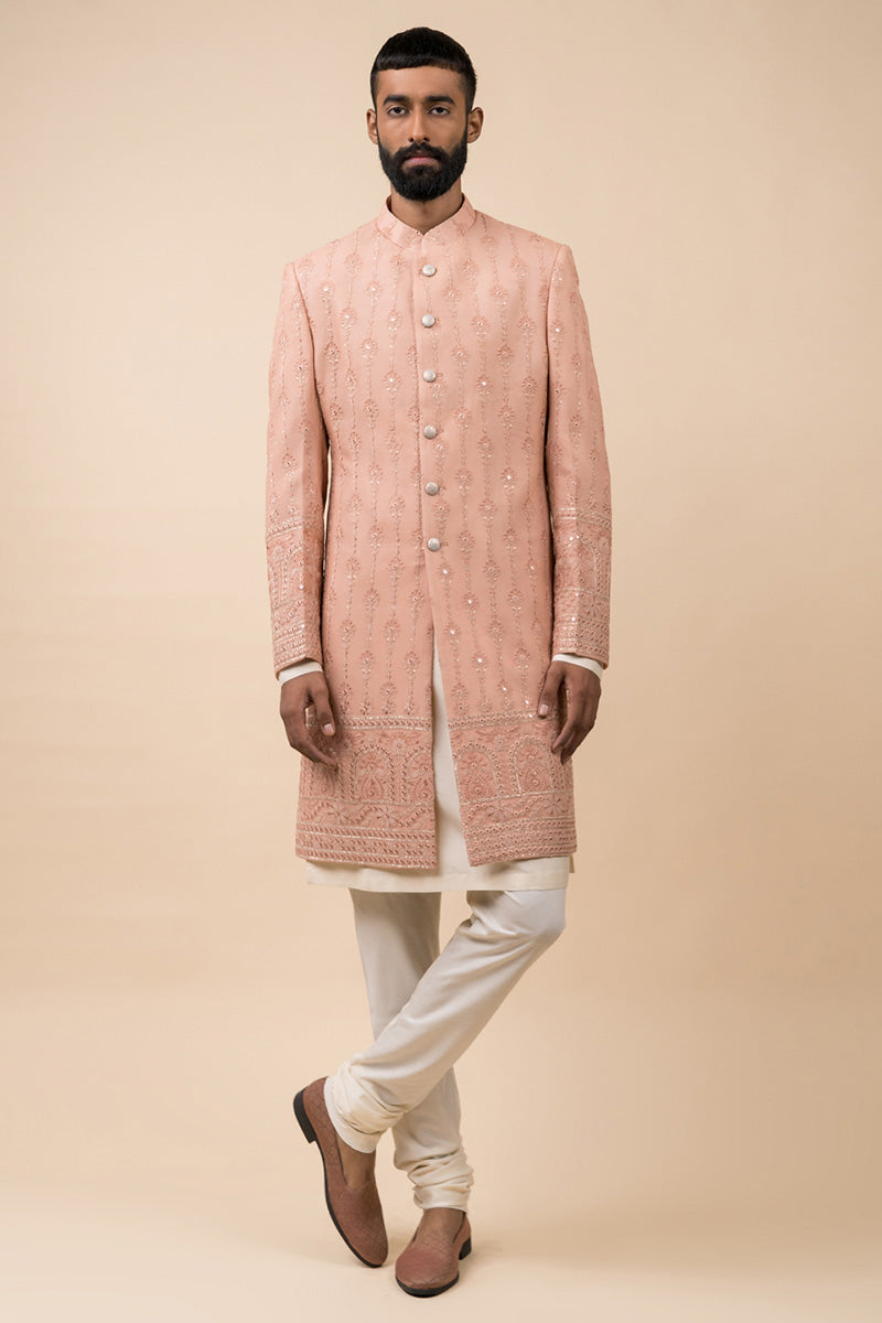 Peach All Over Embroidered Sherwani