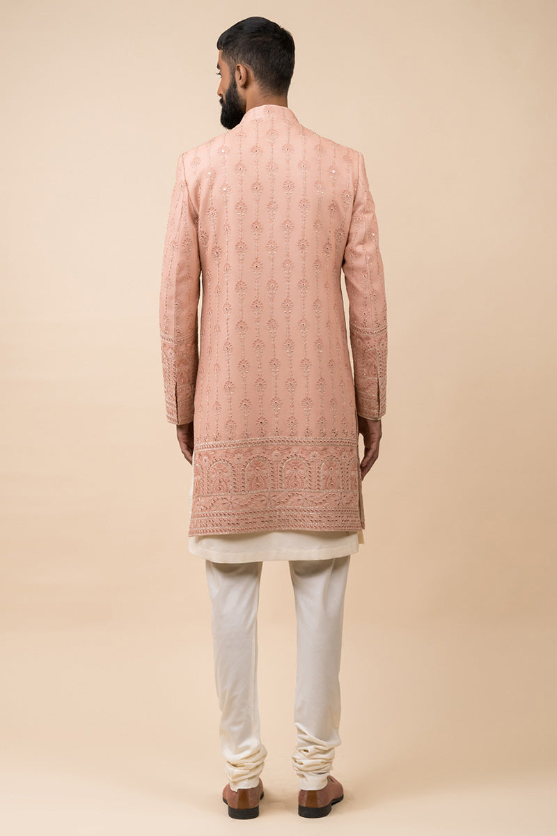 Peach All Over Embroidered Sherwani