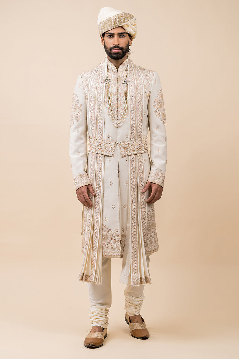 Ivory Applique Sherwani With Aari Embroidery