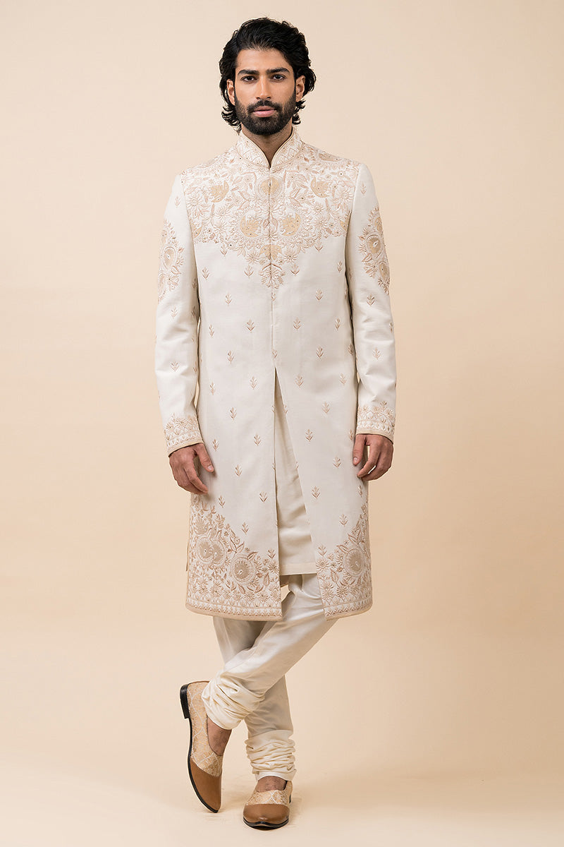 Ivory Applique Sherwani With Aari Embroidery