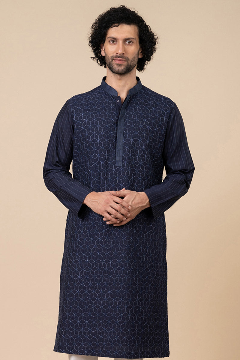 Navy Kurta Set In All Over Kantha Embroidery