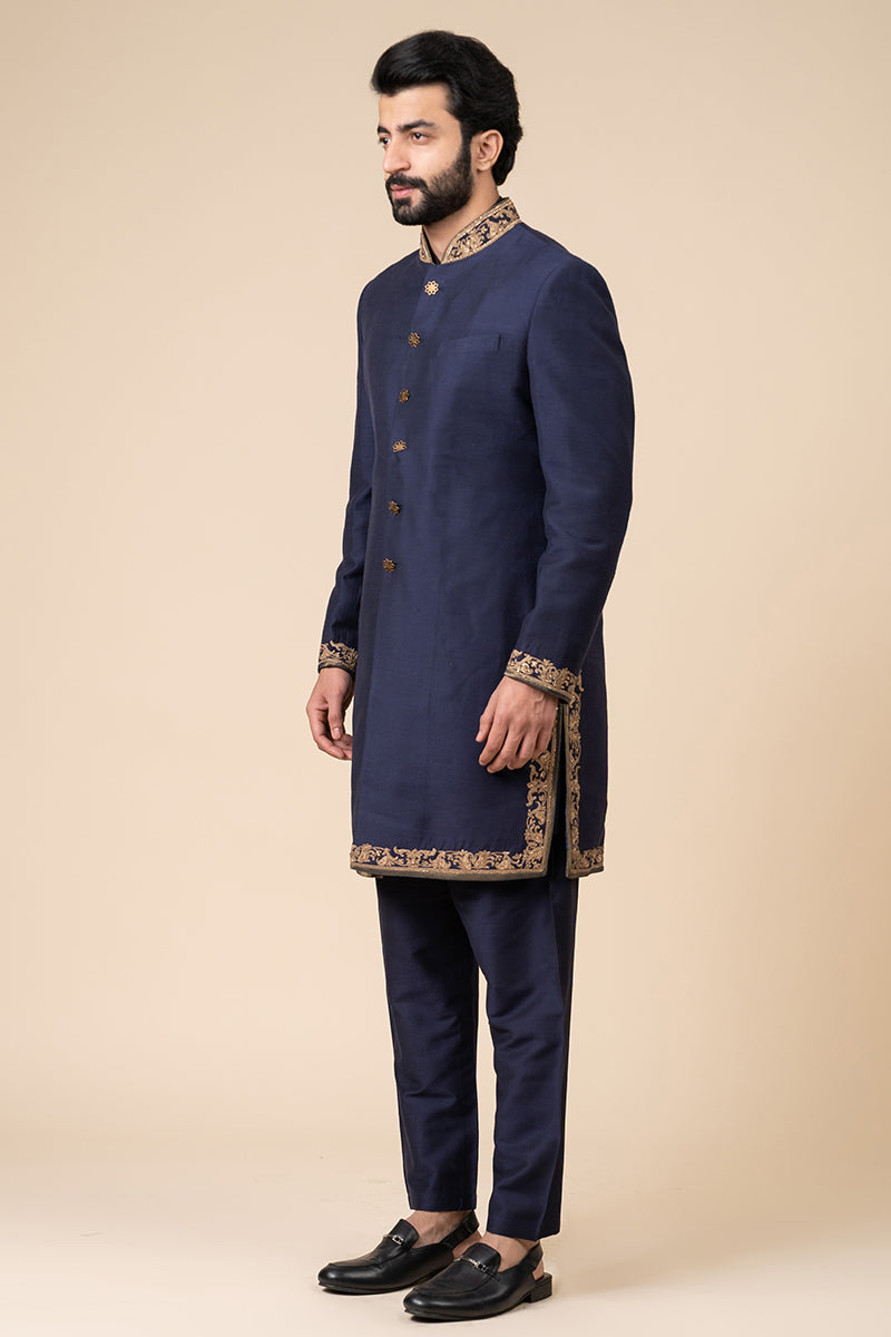 Navy Achkan With Embroidery Highlights