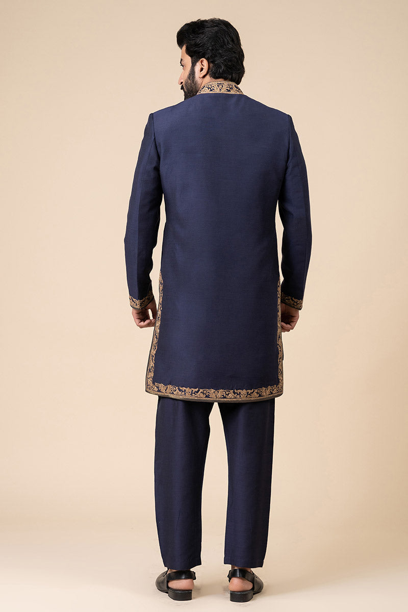 Navy Achkan With Embroidery Highlights