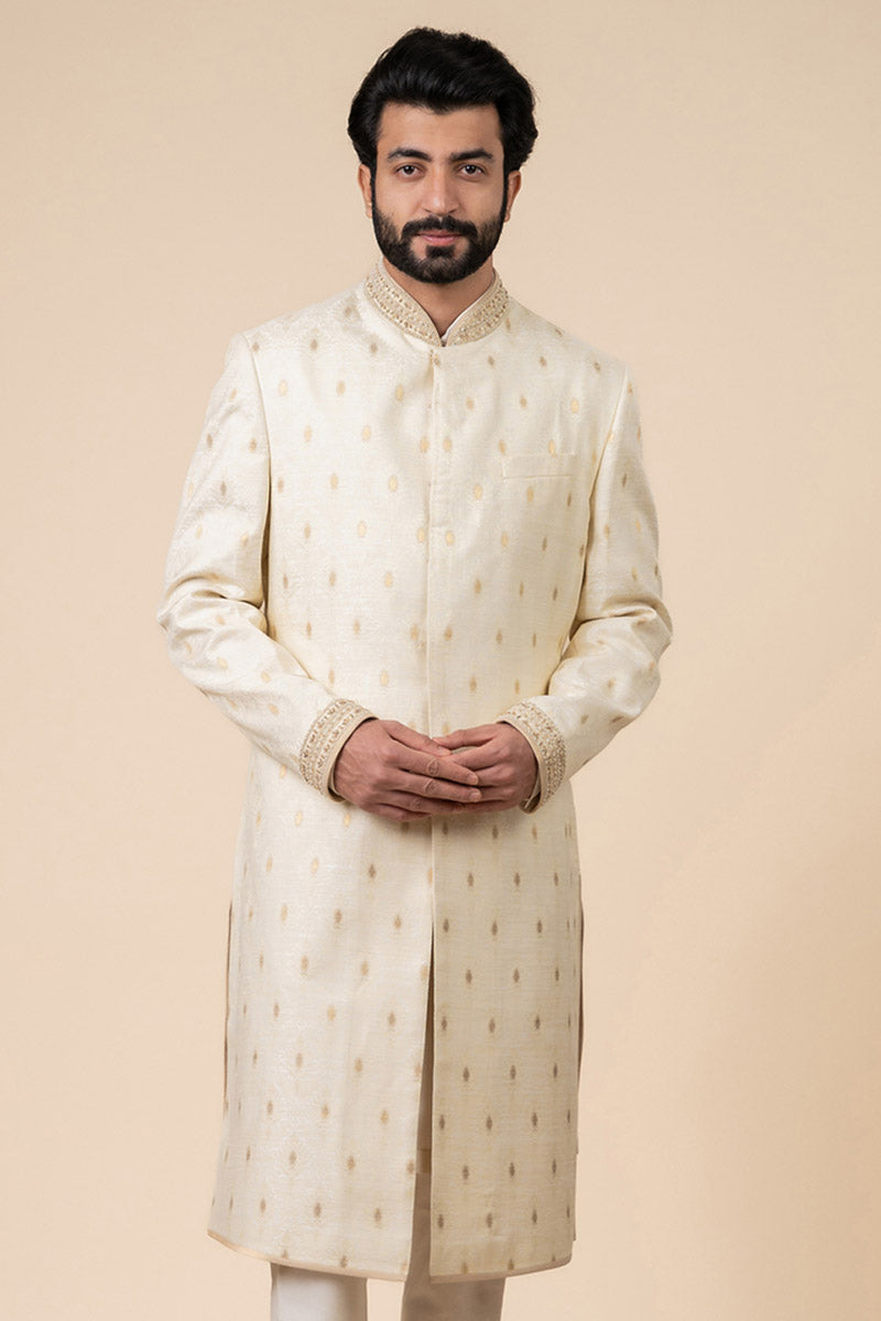 Ivory Classic Sherwani With Embroidered Collar
