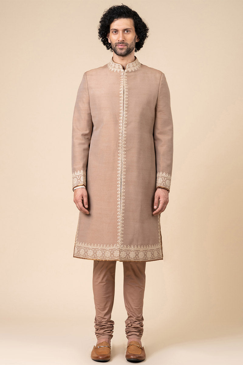 Rust Sherwani In Floral Embroidery