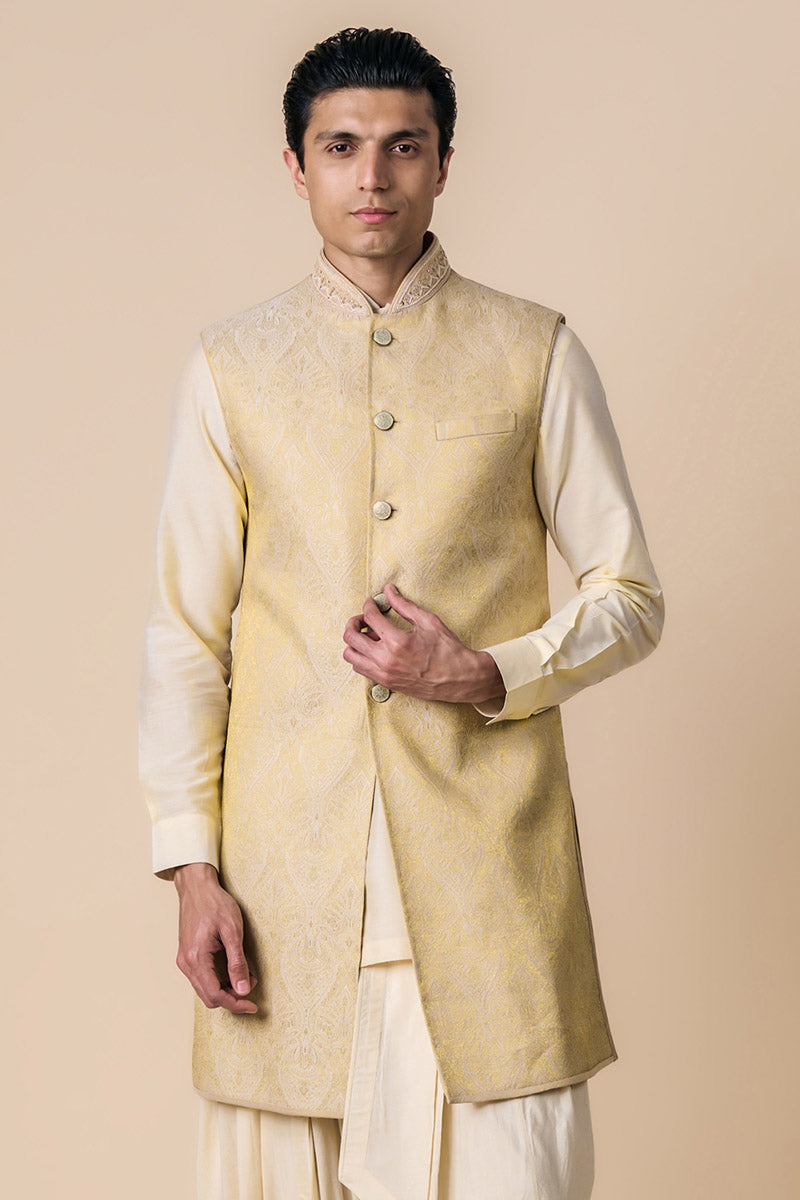 Gold Sleevless Achkan With Embroidered Collar