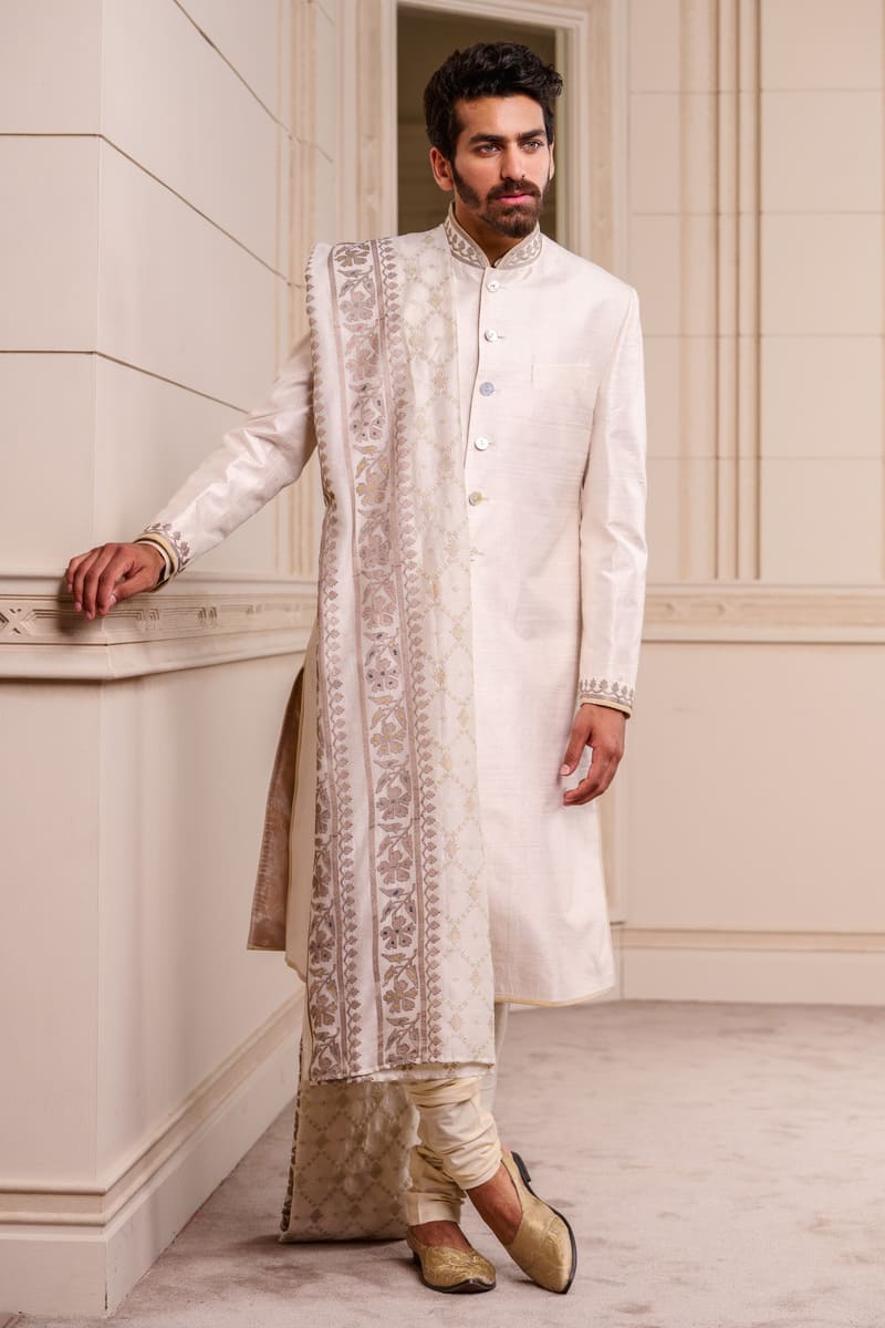 Ivory Classic Silk Sherwani paired with Stole