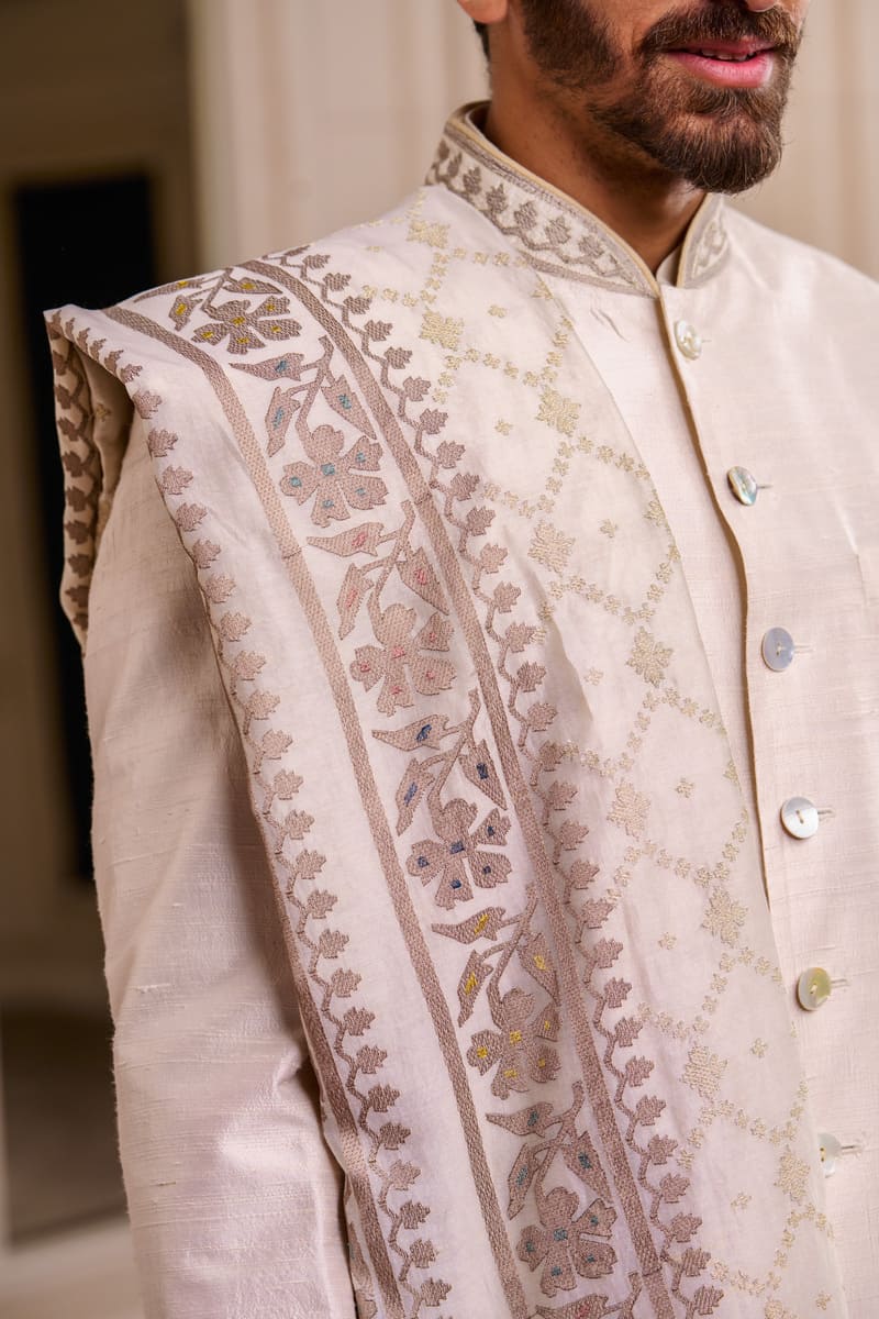Ivory Classic Silk Sherwani paired with Stole