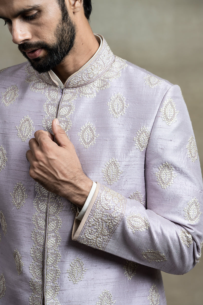 Lilac Achkan In Silk With Aari And Zardozi Embroidery