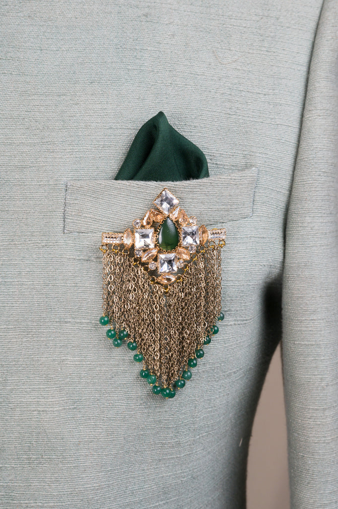 Ornate Emerald Crystal Metal Chain Brooch