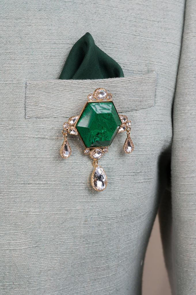 Hexagon Emerald Resin & Crystal Brooch
