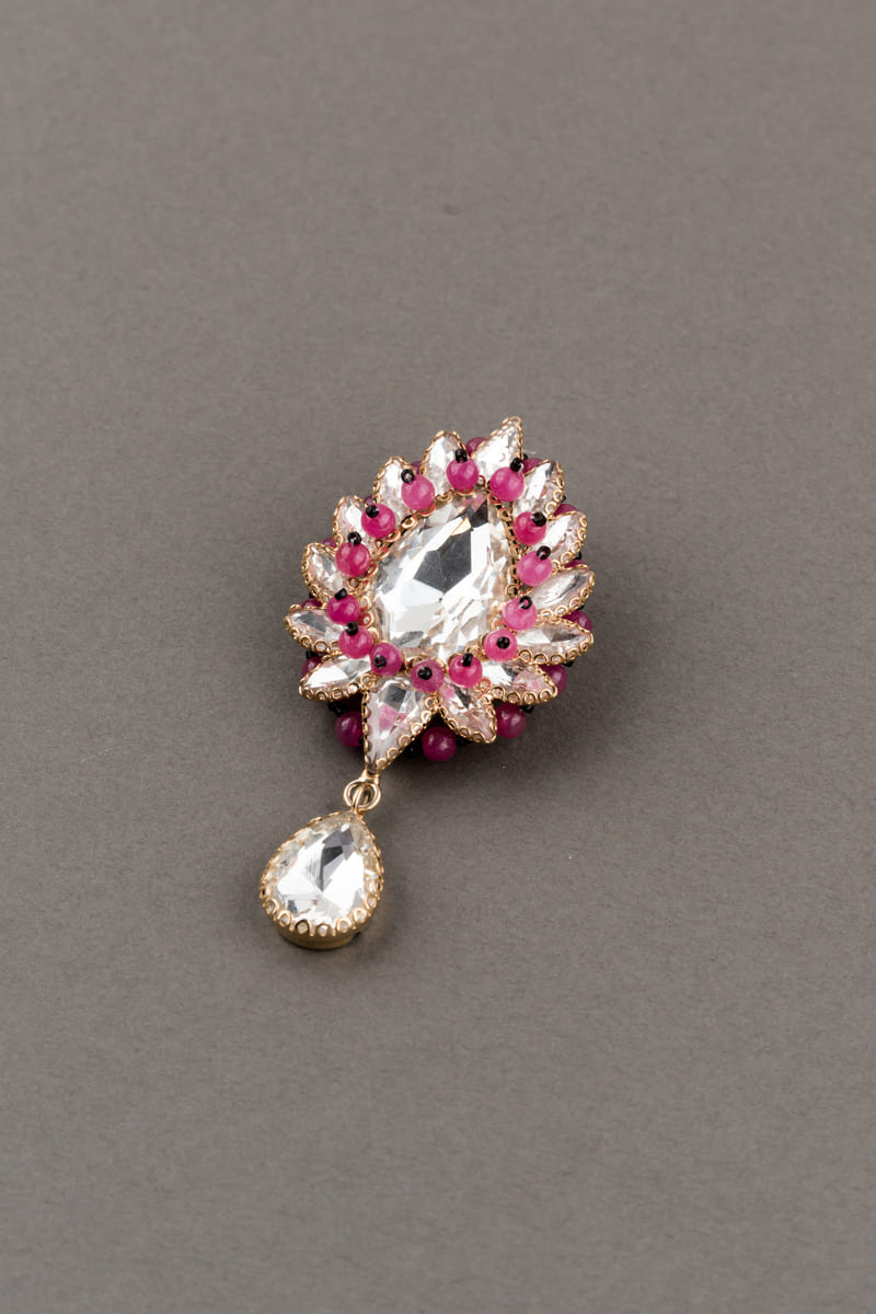 Maroon Stone And Crystal Brooch With Drop Detailing