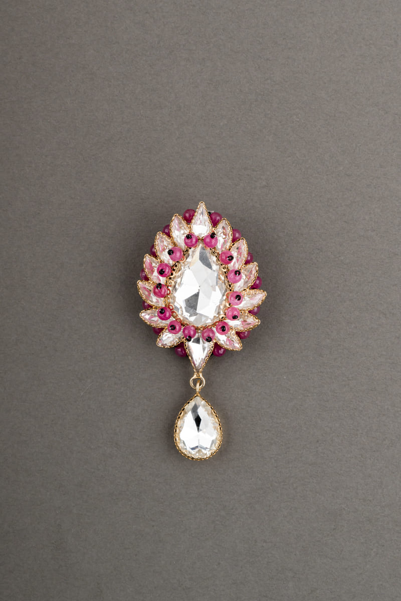 Maroon Stone And Crystal Brooch With Drop Detailing