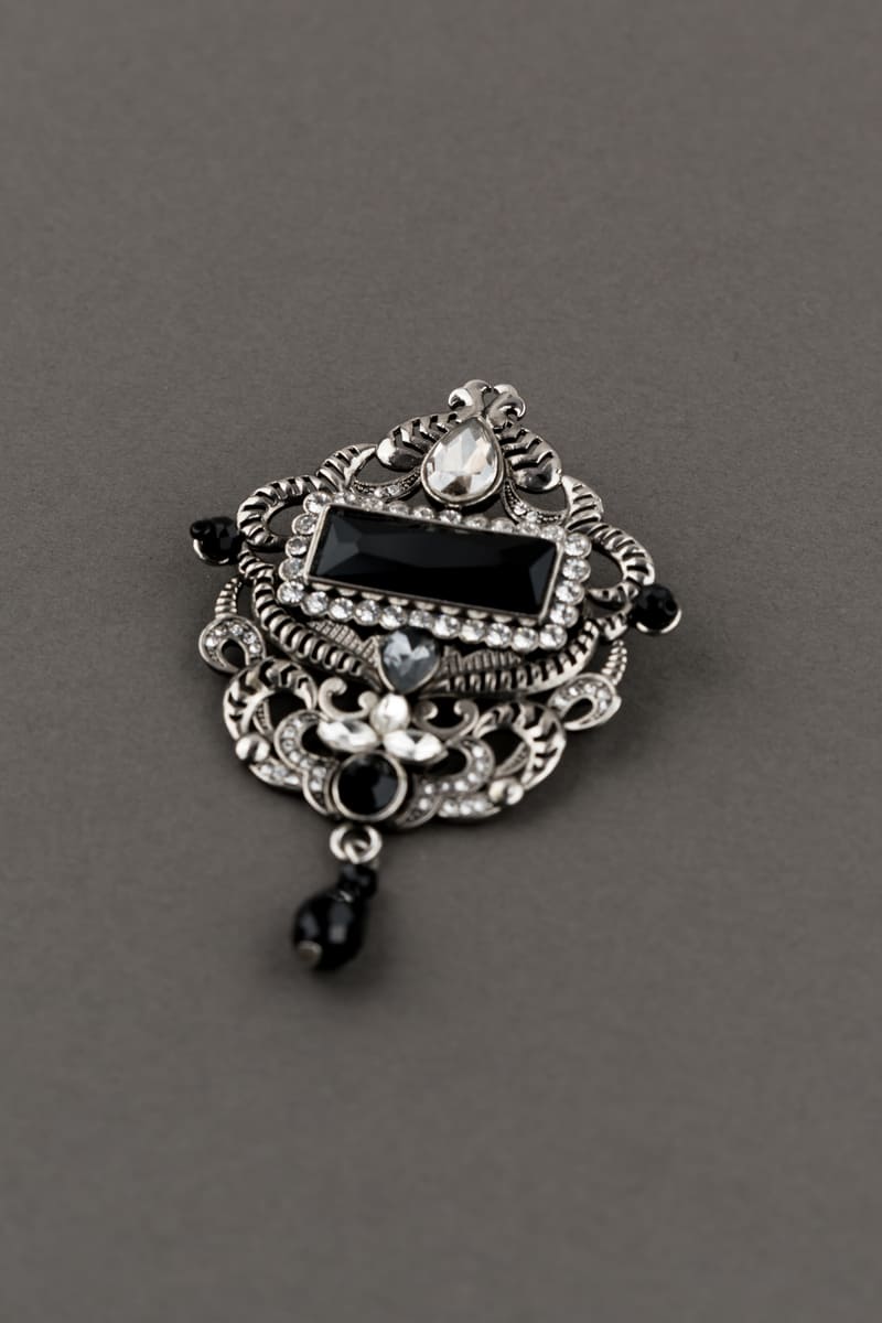 Silver Crystals with Black Stone Brooch
