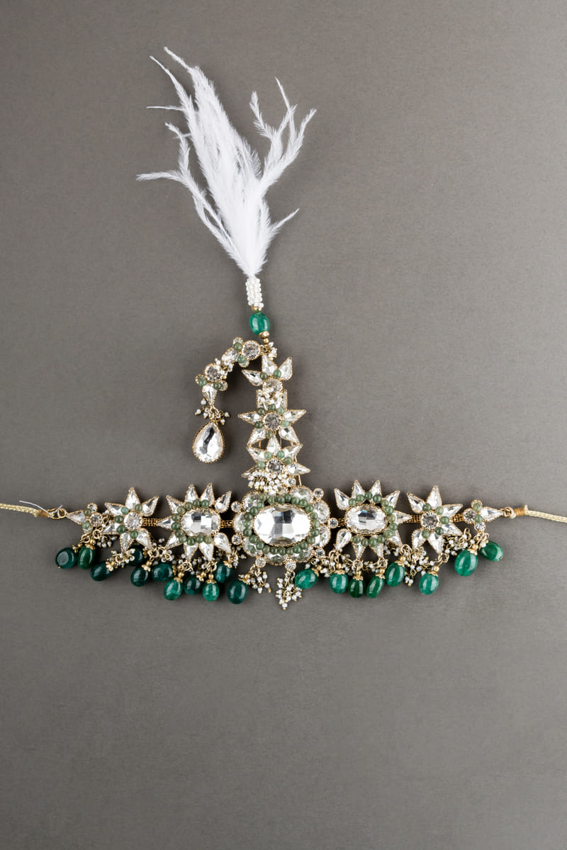 Elaborate Emerald Crystal Drop Sarpech