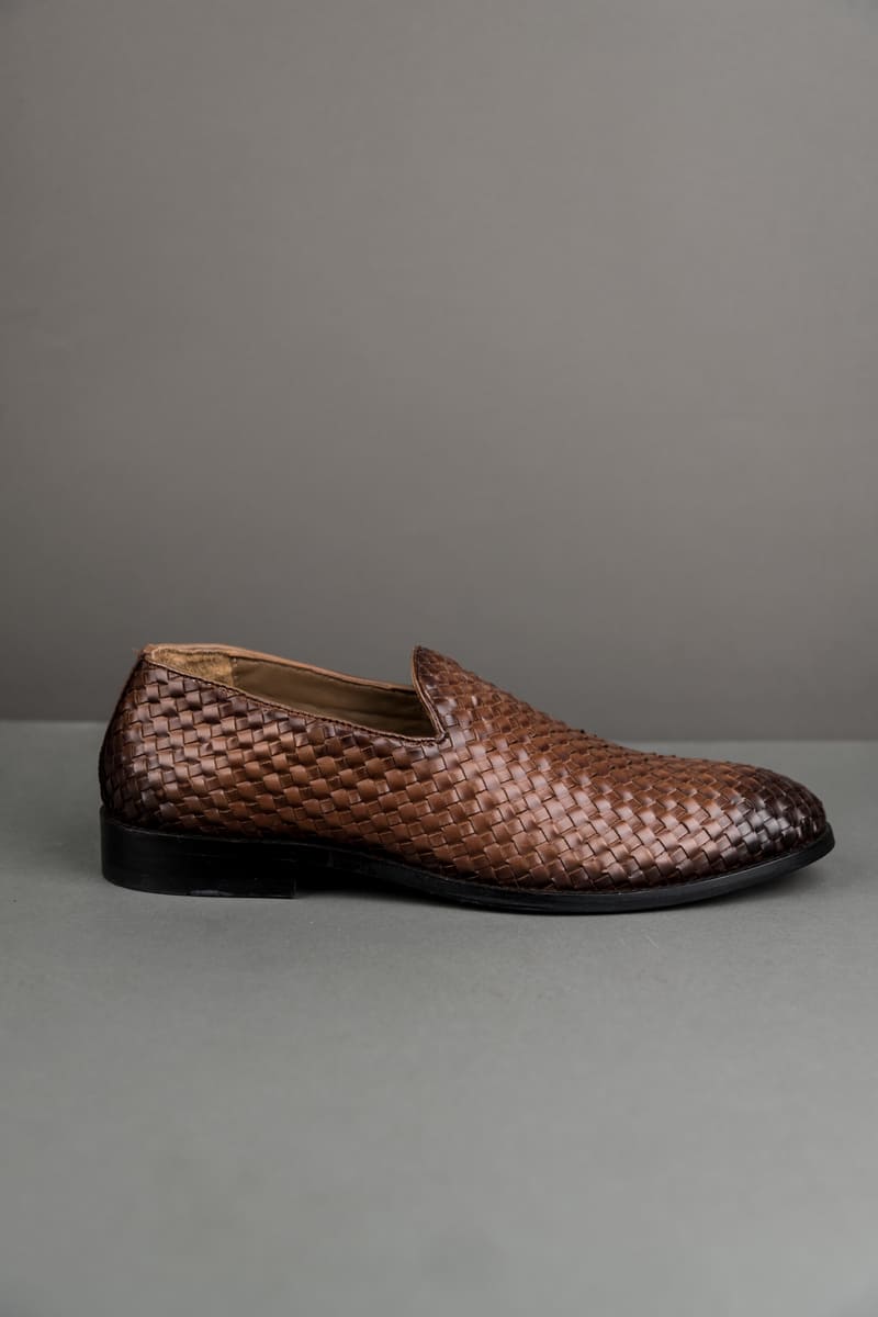 Brown Woven Patterned Leather Shoes