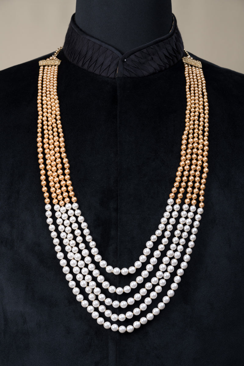 Five Layered Two Tone Gold And White Pearl Mala