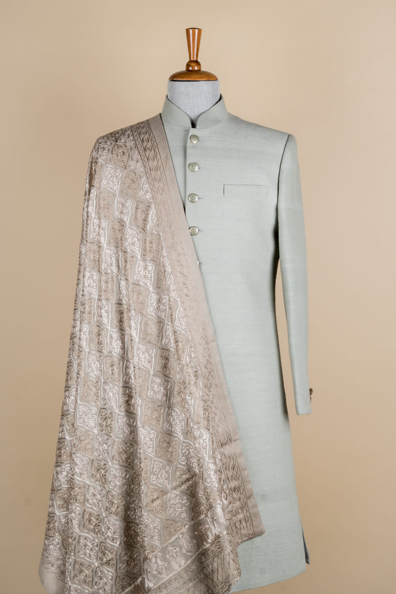 Raw Silk Sherwani With Placement Embroidery