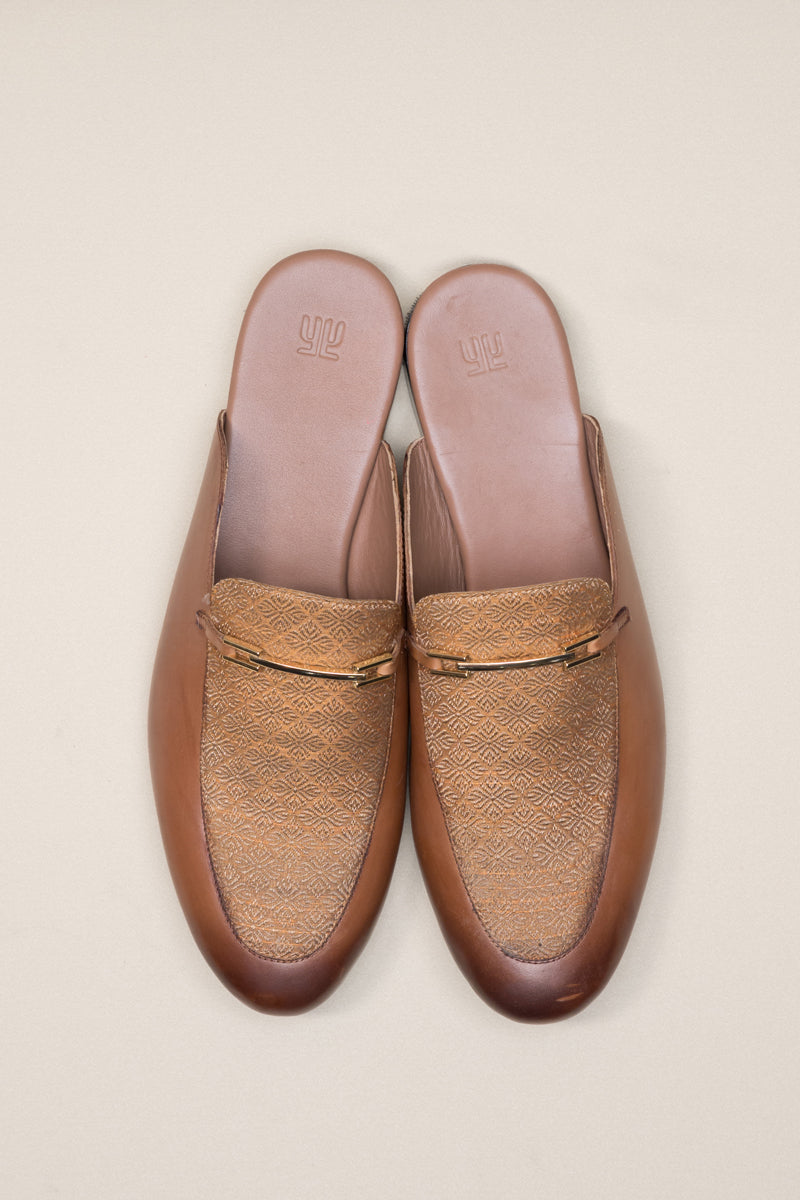 Tan Leather Loafers With Brocade Detailing