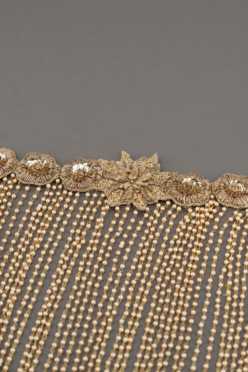 Embroidered Band With Hanging Gold Glass Beads Sehra