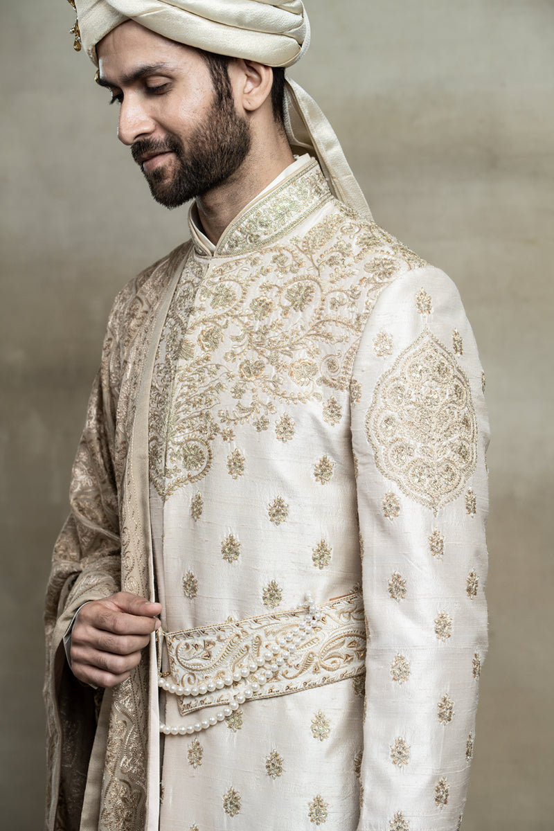 Raw Silk Sherwani With Placement Embroidery