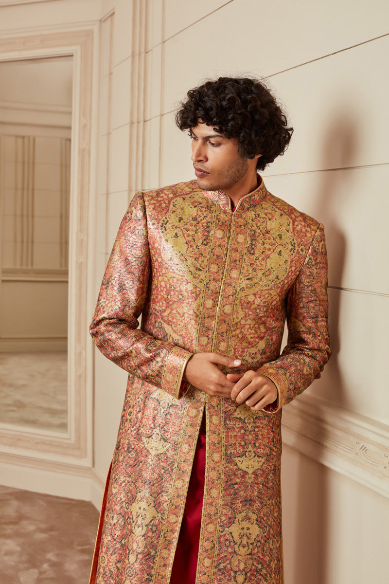 Red All Over Sequined Sherwani