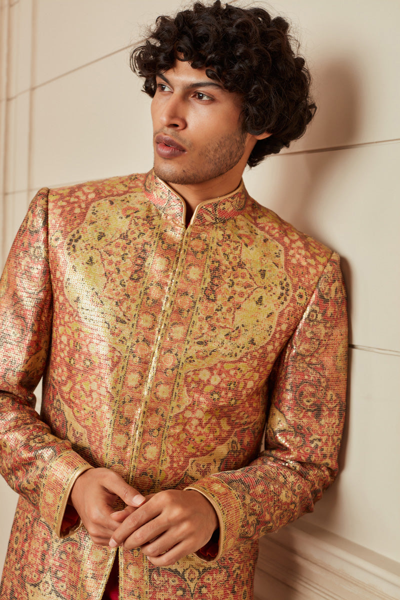 Red All Over Sequined Sherwani