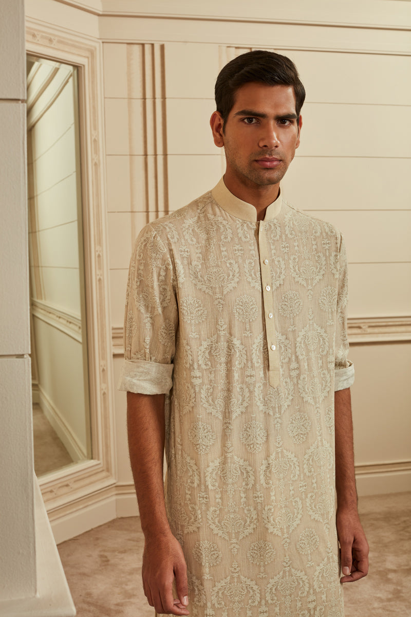 Printed And All Over Top Stitched Kurta Highlighted With Mop