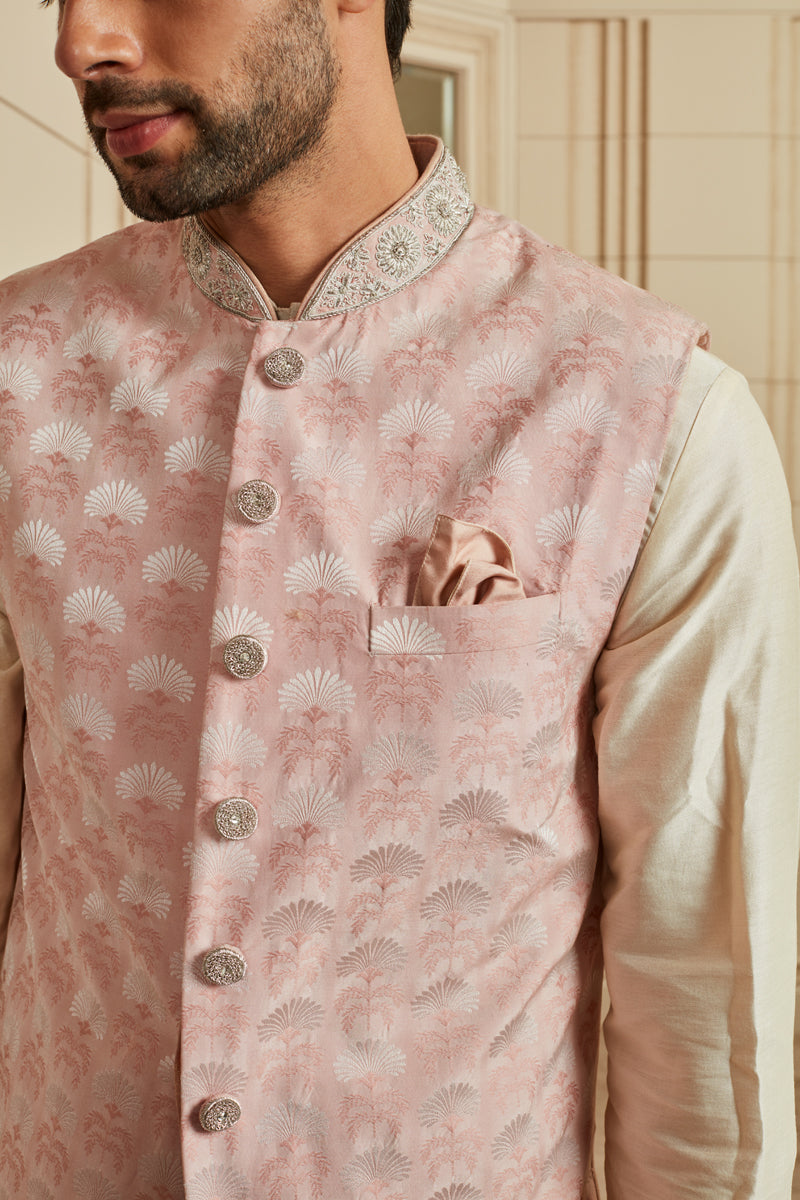 Pink Jacquard Embroidered Bundi