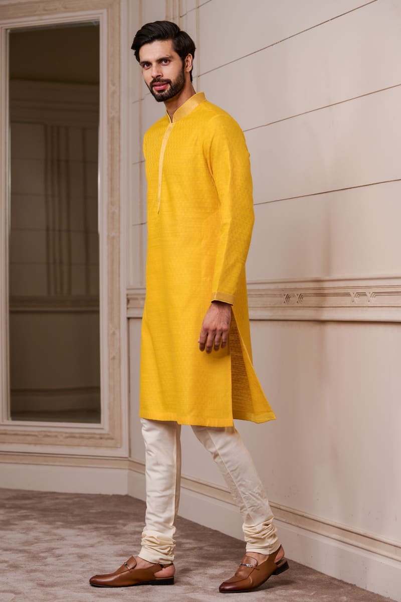 Yellow Jacquared Kurta Set with Top Stich Detailing on Placket and Collar